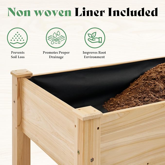 AMERLIFE Raised Garden Bed, 72x24x30 Inches Elevated Wood Planter Box with Bed Liner, Legs, Divider, Drainage Holes, Stand for Backyard, Patio, 350 Lb Capacity - Light Wood
