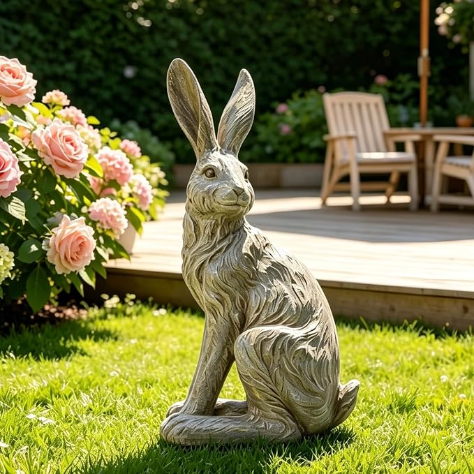 DiliComing Outdoor Rabbit Garden Statue - 12 Inch Large Easter Bunny Decor Grey Resin Animal Sculpture for Home Lawn Yard Decorations Womens Gifts