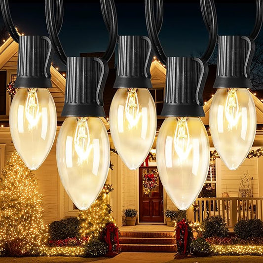 Minetom C9 Christmas String Lights Outdoor, 100FT Vintage Outdoor Lights | Christmas Lights for Backyard Patio Room Party Roofline Xmas Indoor Outdoor Decor, Black Wire, 100+4 Bulbs, Not Connectable