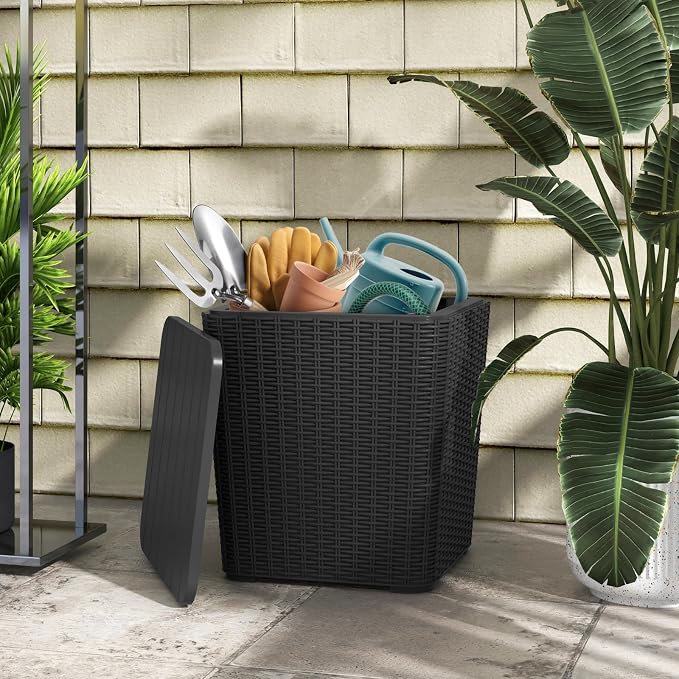 Tangkula 11.5 Gallon Water-proof Deck Box, Outdoor Patio Storage Box w/Removable Lid &, Faux Rattan Storage Container Side Table, All Weather Patio Furniture Extra Seat for Poolside (Black)