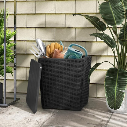 Tangkula 11.5 Gallon Water-proof Deck Box, Outdoor Patio Storage Box w/Removable Lid &, Faux Rattan Storage Container Side Table, All Weather Patio Furniture Extra Seat for Poolside (Black)