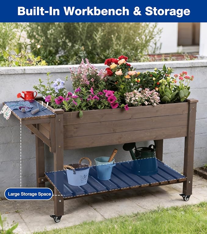 Raised Garden Bed Outdoor with Wheels, 52.7" Elevated Wooden Garden Bed with 8 Planter Boxes, Removable Dividers, Storage Shelf, Standing Mobile Planter with Non-Woven Liner