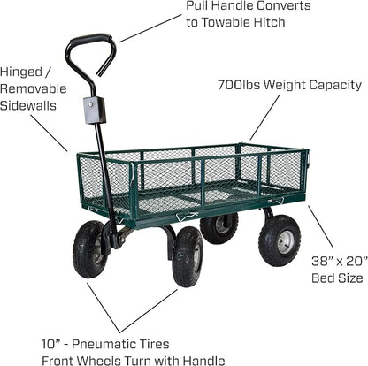 Garden Star 70107 Garden Cart/Utility Cart, Hinged/Removeable Sidewalls, Four 10-inch Wheels, Loop Handle with Convertible Hitch Attachment, Steel Powder-Coated Mesh Frame, 700-pound Capacity, Green