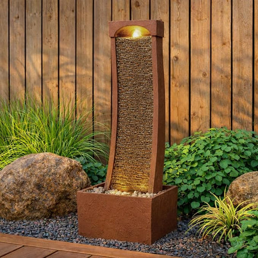 Teamson Home 38.5" Indoor/Outdoor Modern Curved Faux Slate Waterfall Fountain with LED Lights, Red Rock | Freestanding, Faux Slate, LED Lights, Red Rock, Weather-Resistant