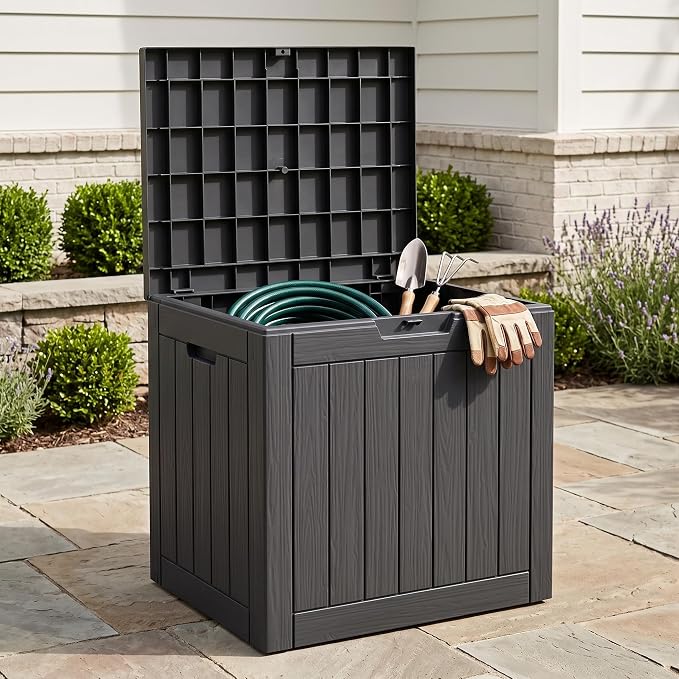 Outdoor Storage Box, 35 Gallon Waterproof Deck Box [Upgraded 3.1], Tool-Free Resin Storage for Patio Cushions, Balcony Pool Toys, Lockable Outside Side Table Ottoman, Balcony, Black