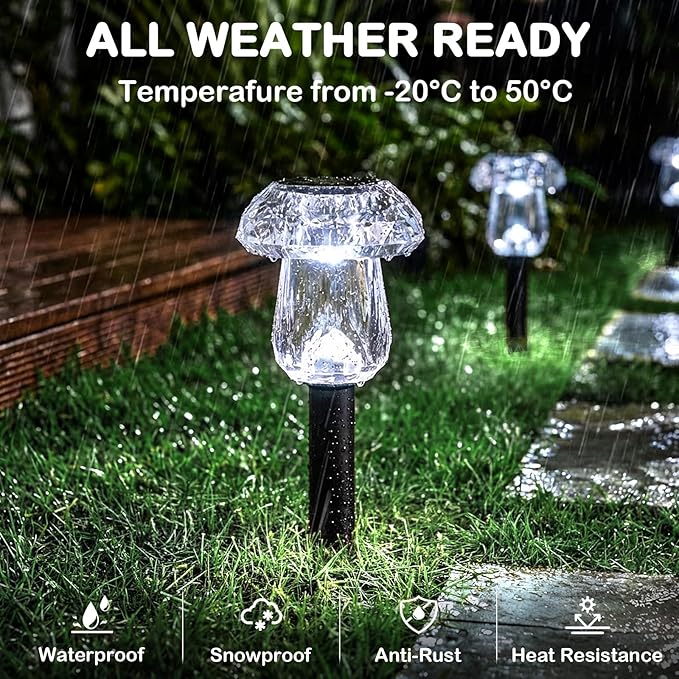 Solar Garden Lights Outdoor 16 Pack 6000K Cold White Mushroom Decor | Waterproof Pathway Outside Yard Walkway Landscape Path Lighting, LED Auto On/Off Decorations, Acrylic Diamond-like Lampshade