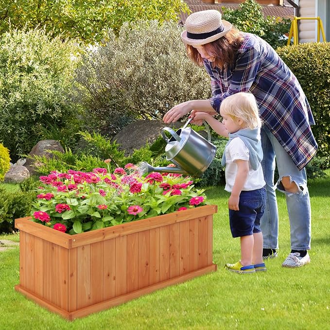S AFSTAR 2 Pieces Raised Garden Beds, 31” X 14” X 12” Fir Wood Rectangle Planter Box W/4 Drainage Holes & Detachable Base Plate, Raised Bed Planter Kit Box for Patio Backyard