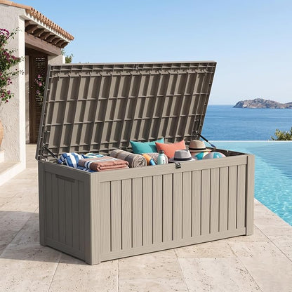 Outdoor Storage Box, 150 Gallon Waterproof Deck Box [Upgraded 3.0], Piston-Assisted Resin Trunk for Sectional Sofa Cushions, High-Capacity Lockable Double Storage Bench, Patio Lounge, Grey