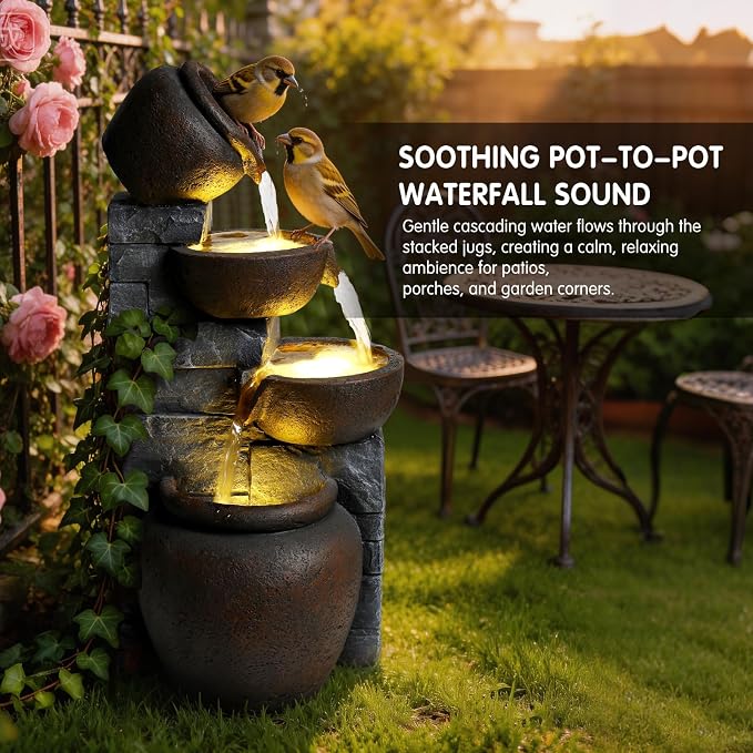 25.6" Outdoor Waterfall Fountain, Small Outdoor Fountain with LEDLights, Cracked Pot Tiered Design Garden Water Feature, Freestanding Resin Fountain for Patio Porch Backyard, Grayish Brown