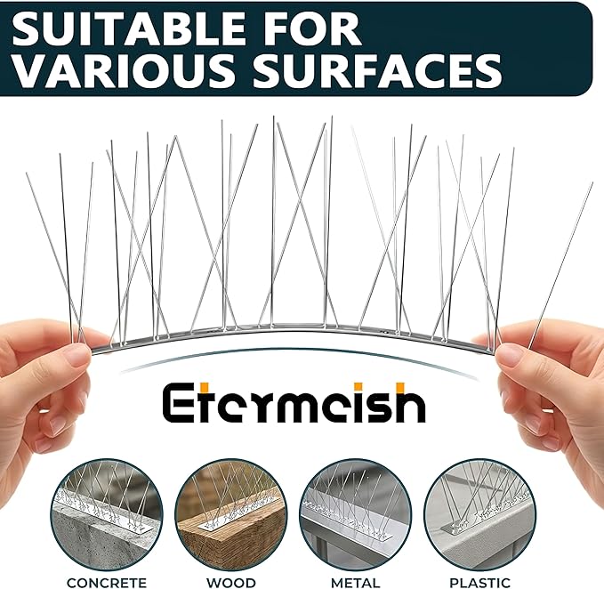 Stainless Steel Bird Spikes for Outside, Anti Bird Deterrent Spikes for Woodpeckers, Squirrels, Raccoons，Weatherproof Fence Spikes for Roof, Railing,Patio, 16.4 Feet