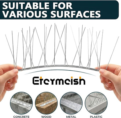 Stainless Steel Bird Spikes for Outside, Anti Bird Deterrent Spikes for Woodpeckers, Squirrels, Raccoons，Weatherproof Fence Spikes for Roof, Railing,Patio, 16.4 Feet