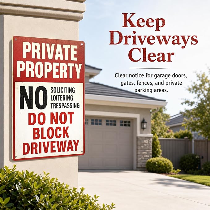 Private Property Tin Sign, 12 x 8 Inch No Soliciting Aluminum Metal Wall Decor, Vintage No Trespassing Notice for Porch, Gate, Fence, Entryway