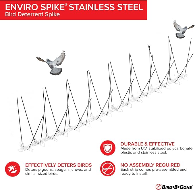 Bird B Gone - Pre-Assembled EnviroSpike Stainless Steel Anti Bird Spikes (24') - UV-Stabilized Polycarbonate Base - Humane Deterrent - Stops Pigeons & Birds from Roosting On Rooftops, Ledges, Fences