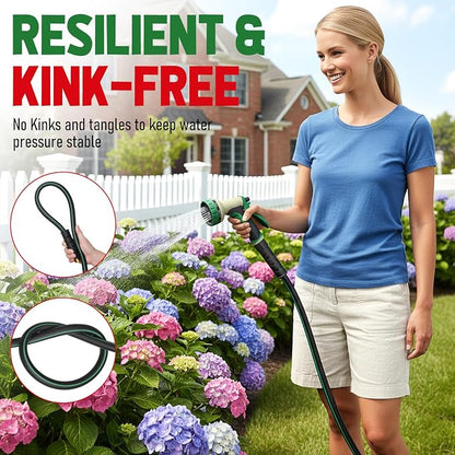Garden Hose 25 ft x 5/8" with Nozzle, Water Hose Heavy Duty Flexible, Lightweight Kink-less Hybrid Hose with Swivel Handle, Male to Female Fittings