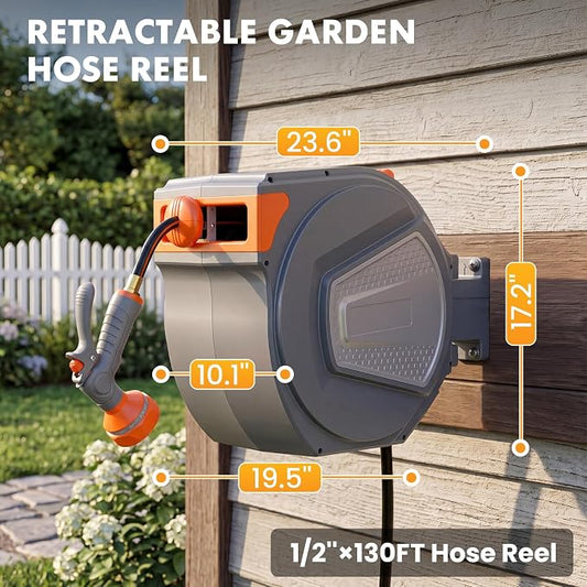 NEWBULIG Garden Hose Reel, 1/2" x 130 ft Retractable Heavy Duty Water Hose Reel with 9 Pattern Nozzle, Slow Retract System, 180° Swivel Wall Mount for Outside Yard Cleaning