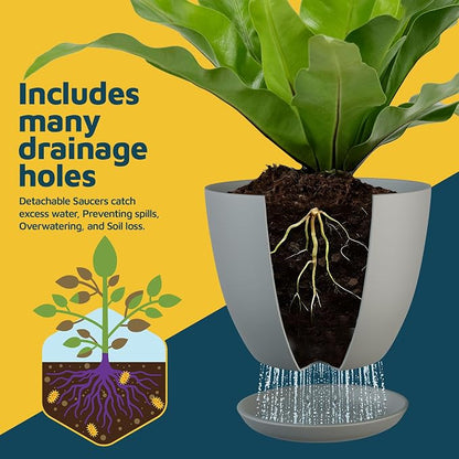 Planter Pots with Drainage Holes - Lightweight, Durable & Space-Saving Pots for Indoor and Outdoor - Versatile Functionality, Simple Modern Design, Set of 10 Plastic Planter Pots - Gray