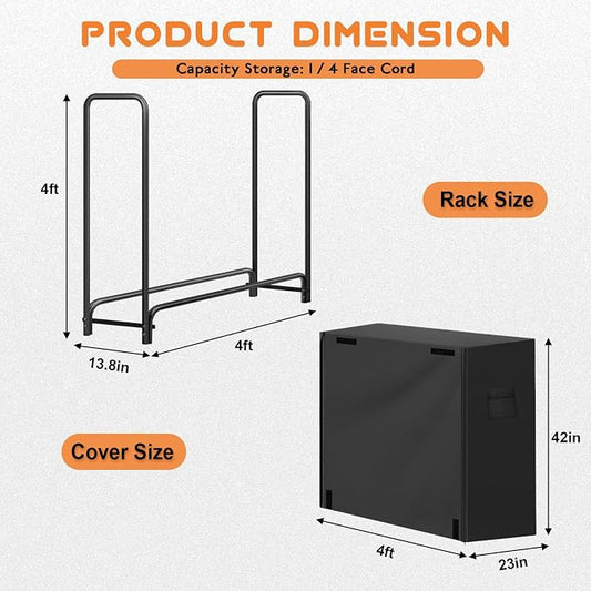 Gtongoko 4FT Firewood Rack Outdoor with Cover, Heavy Duty Wood Storage Racks with 600D Oxford Weather Resistant Waterproof Fabric Cover, Outdoor Firewood Holder