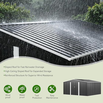 MXV 14 x 12FT Outdoor Storage Shed, Metal Garden Shed with Windows, Double Lockable Doors & Sloped Roof, Waterproof Tool Sheds for Backyard Garden Patio Lawn, Black
