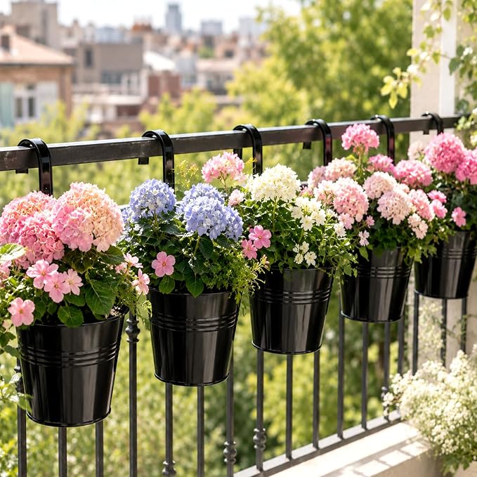 KINGLAKE Flower Pots,10 Pcs Metal Iron Hanging Flower Plant Pot Balcony Garden Plant Planter Baskets Fence Bucket Pots 10.6" & 5.1" Flower Holders with Detachable Hook Black
