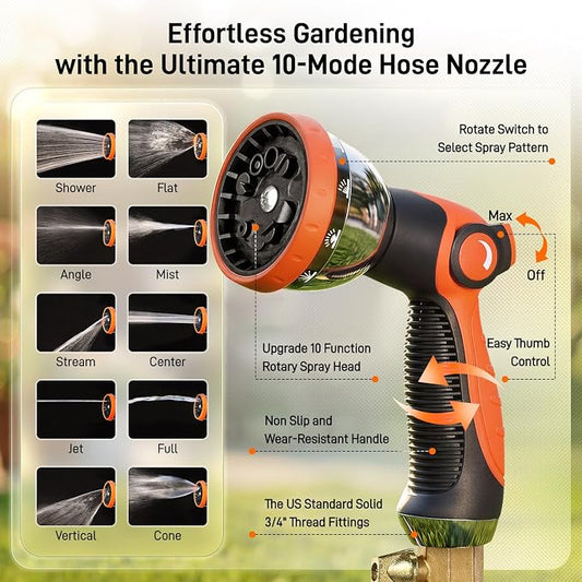 Garden Hose, 75ft 5/8" Stainless Steel Water Hose w/ 10-Mode Spray Nozzle, On/Off Valve, 523 PSI Burst, Anti-Kink, Lightweight All-Weather Flexible, Leakproof 3/4" Brass Male to Female Fittings