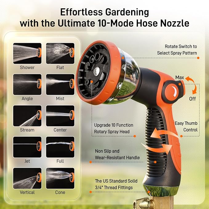 Garden Hose, 25ft 5/8" Stainless Steel Water Hose w/ 10-Mode Spray Nozzle, On/Off Valve, 523 PSI Burst, Anti-Kink, Lightweight All-Weather Flexible, Leakproof 3/4" Brass Male to Female Fittings