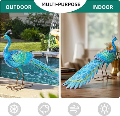 31" L Metal Peacock Garden Statue, Handcrafted Walking Peacock Large Outdoor Yard Art Decor with Iridescent Blue & Green Finish & Ground Stakes, Lifelike Sculpture for Garden Lawn Flowerbed