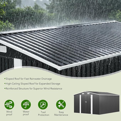 MXV 12 x 10FT Outdoor Storage Shed, Metal Garden Shed with Windows, Double Lockable Doors & Sloped Roof, Waterproof Tool Sheds for Backyard Garden Patio Lawn, Black