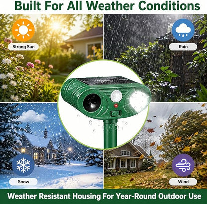 Sonic Fortress Pro Deer Repellent Solar Animal Repellent Outdoor (4pack) | Solar Animal Repellent with PIR Sensor & Flashing Light, Deer Rabbit Squirrel Raccoon Cat Deterrent for Yard Garden Farm
