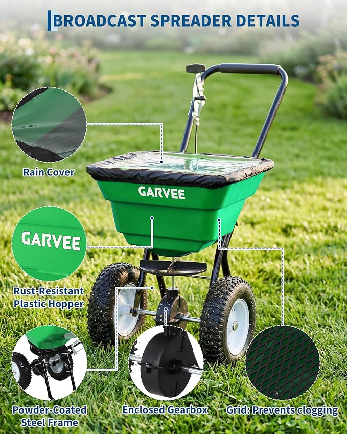 80 LBS Push Broadcast Spreader, 12FT Spreading Width, 13in All-Terrain Wheels, Adjustable Flow Control, Heavy Duty Walk Behind Lawn Spreader for Fertilizer, Grass Seed, Ice Melt, Salt