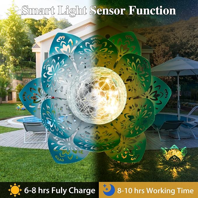 Huaxu Solar Lights Outdoor Decorative - Bright Blue Lotus Flower Table Lamp, Glass Globe 30 LED Waterproof Metal Decorations Gifts for Mom Women Garden Patio Pathway Yard Balcony Outside Decor
