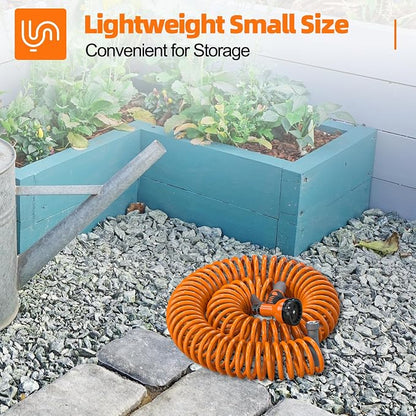 SPECILITE 3/8” Lightweight Coil Garden Hose 75 FT, EVA Retractable Curly Water Pipe with 6-Pattern Spray Nozzle for Boat, Greenhouse, Yard, Patio (Orange)