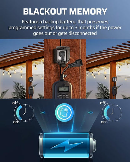 DEWENWILS Outdoor Timer Outlet Waterproof, Outdoor Digital Timer for Lights, Programmable with 2 Grounded Outlets, for Home and Garden, 15A, 1/2HP, Heavy Duty, ETL Listed