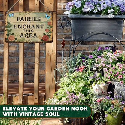 PEACHGARDEN Fairy Whimsical Metal Tin Sign Enchanted Fairy Vintage Wall Art Decor for Garden Patio Yard Plant Room Greenhouse She Shed 8x12 inch