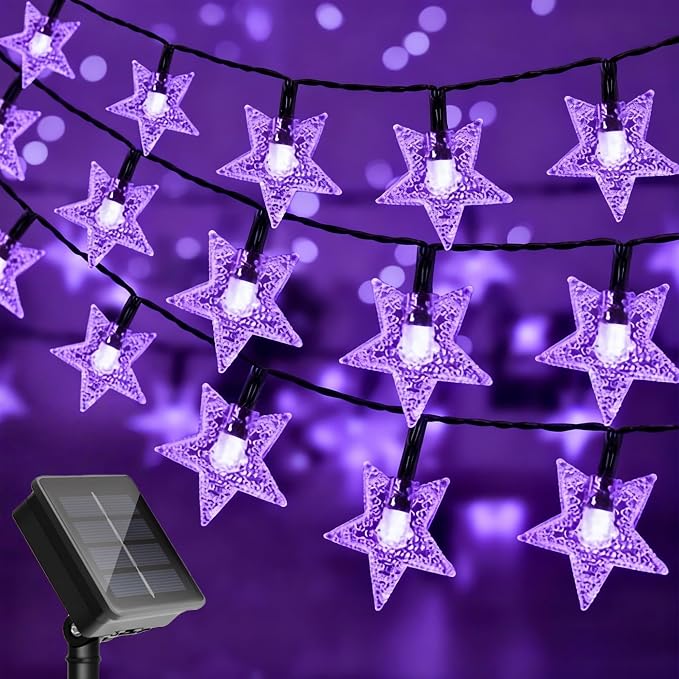 Twinkle Solar Star String Lights Outdoor Waterproof 39FT/100L Fairy Lights | 8 Modes Camping Garden Wedding Party Tree Holidays Backyard Patio Purple