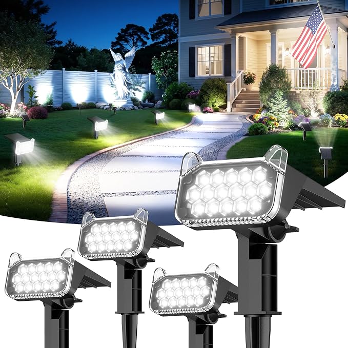 Solar Spot Lights Outdoor Waterproof IP65, Super Bright LEDs with Lens, 2 Lighting Modes, 2 in 1 Auto On/Off Solar Powered Spotlights for Outside Landscape Holiday Decor, 4 Pack, Cool White