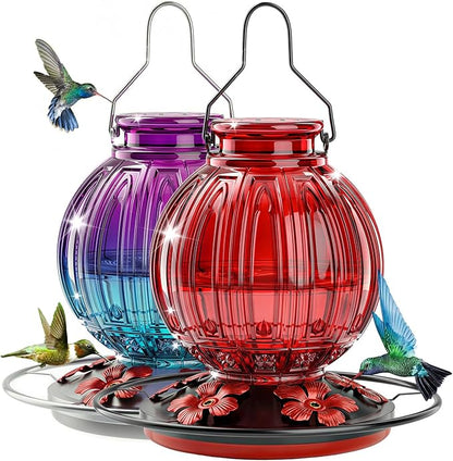 2 Pack Glass Hummingbird Feeder for Outdoors Hanging, Bird Nectar Feeder with Perch & 5 Flower Feeding Ports, 26 Oz Leak Proof for Outside Garden Decor Backyard, Gifts for Women Mom, Red + Purple Blue