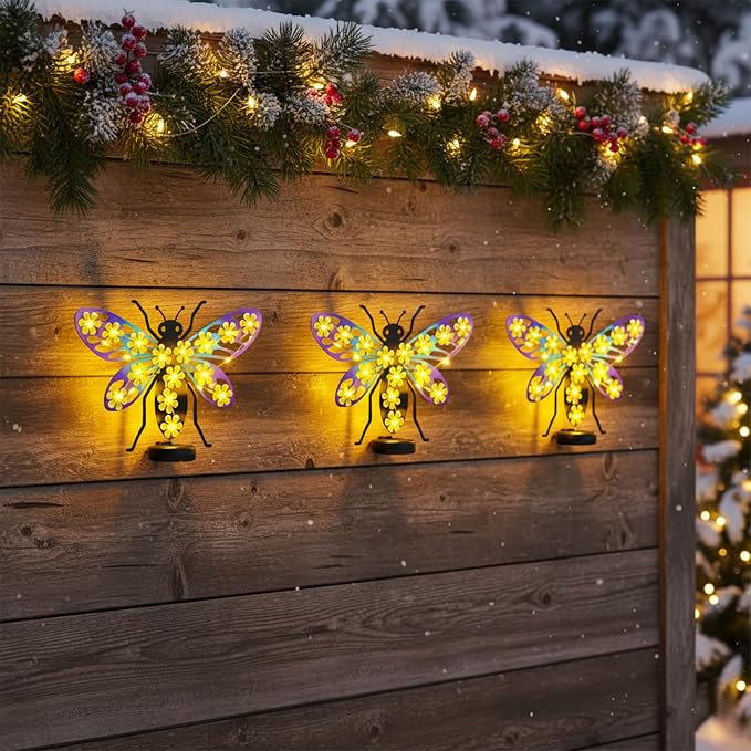 2 Pack Metal Bee Outdoor Wall Decor with 30 Led Solar Lights- 13.8" Outdoor Fence Wall Art Decor, Gift for Mom Grandma Women Birthday Gardening,Hanging Decoration for Garden Patio Porch Yard
