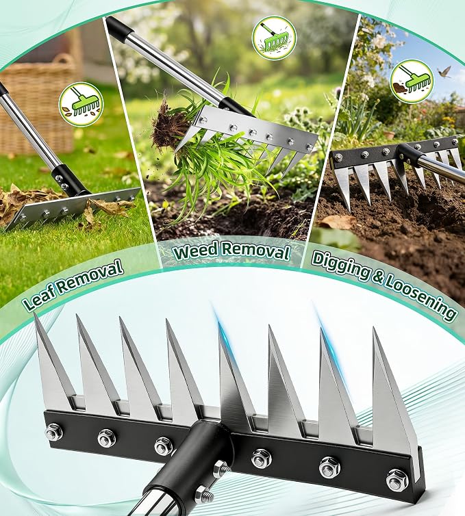Iron Weed Rake with 71" Adjustable Long Handle, 8 Teeth Manual Weed Remover Tool Heavy Duty Garden Weed Puller with Gloves for Yard, Lawn, Garden | Heavy Duty, 71" Adjustable Long Handle