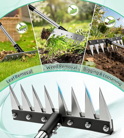 Iron Weed Rake with 71" Adjustable Long Handle, 8 Teeth Manual Weed Remover Tool Heavy Duty Garden Weed Puller with Gloves for Yard, Lawn, Garden | Heavy Duty, 71" Adjustable Long Handle