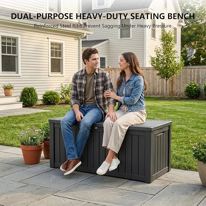 Outdoor Storage Box, 150 Gallon Waterproof Deck Box [Upgraded 3.1], Large Resin Storage with Hydraulic Gas Lifts for Cushions, Heavy Duty Lockable Bench Seat, Backyard Party, Black