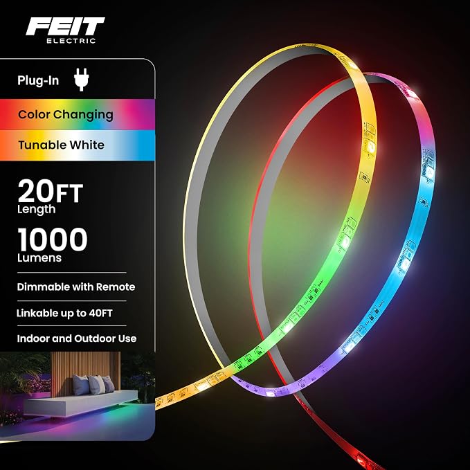 Feit Electric 20ft Chasing & Tunable White LED Tape Light, RGB Colors, Dimmable, Cut-to-Size, Linkable Up to 40ft, Remote Control, Indoor/Outdoor Plug-in Light Strip, Slim 0.4in Width, TAPE240/CHASE