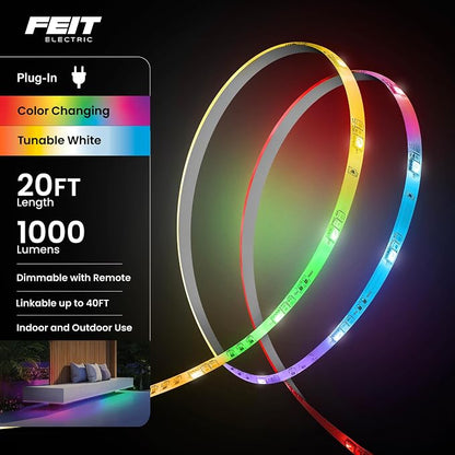 Feit Electric 20ft Chasing & Tunable White LED Tape Light, RGB Colors, Dimmable, Cut-to-Size, Linkable Up to 40ft, Remote Control, Indoor/Outdoor Plug-in Light Strip, Slim 0.4in Width, TAPE240/CHASE