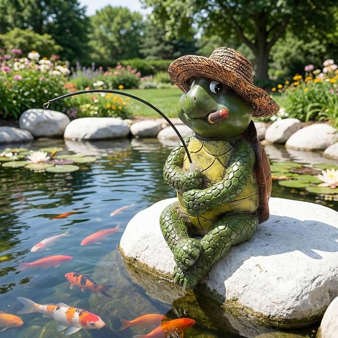 9.5" Turtle Fishing Sculptures & Statues, Whimsical Yard Art, Funny Pond Fisherman, Cute Outdoor Ornament, Unique Gift for Turtle Fishing Lovers
