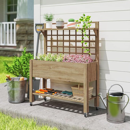 Outsunny 41" Raised Garden Bed with Trellis on Wheels, Wooden Elevated Planter Box with Legs and Bed Liner, for Flowers, Herbs & Vegetables, Dark Brown