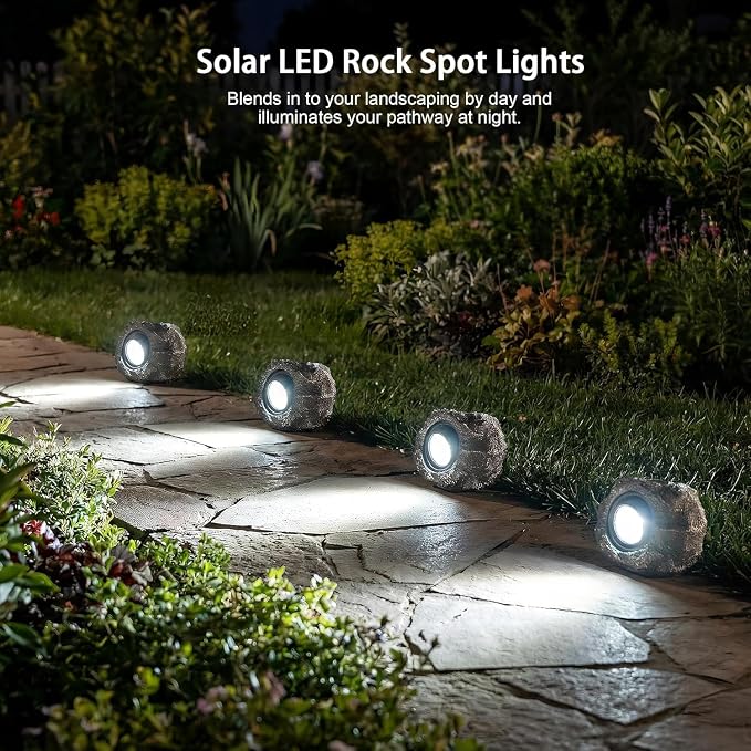 Candieslife Solar Garden Rock Lights Outdoor - IP65 LED Waterproof Solar Spotlight, Solar Powered Landscape Lights Decorative Garden Stone Light for Pathway, Walkway, Yard, Patio (4 Pack)
