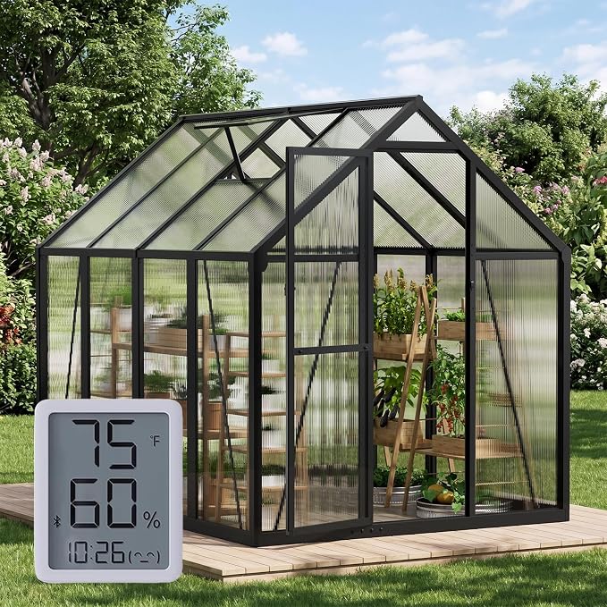6x8 FT Greenhouse with Hygrometer, Greenhouses for Outdoors with Heavy Duty Aluminum Frame, Quick Setup Plant Gardening Green Houses for Outside with Lockable Door & Vented Roof Window