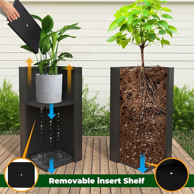 Metal Planter Box for Outdoor Planter Tall Metal Outdoor Planters Box 14"x14"x30" Steel Spliced Planter with Removable Insert Sherf for Outside,Indoor,Garden (Black, 14 * 14 * 30)