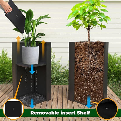 Metal Planter Box for Outdoor Planter Tall Metal Outdoor Planters Box 14"x14"x30" Steel Spliced Planter with Removable Insert Sherf for Outside,Indoor,Garden (Black, 14 * 14 * 30)