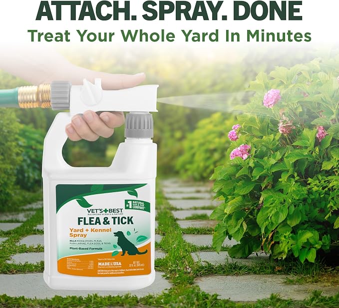 Vet's Best Flea and Tick Yard and Dog Kennel Spray, Mosquito Repellent with Certified Natural Oils, Plant Safe with Ready-to-Use Hose Attachment, Flea and Tick Prevention for Dogs, 32 oz