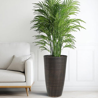 2-Pack 23.5" Bronze Plastic Tapered Planters with Vertical Stripes | Set of 2 PP tall planters with bronze vertical stripe texture, drainage plugs, and UV-treated finish for porch or patio